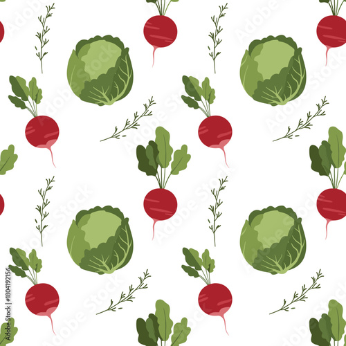 A delightful pattern featuring fresh cabbages and vibrant radishes