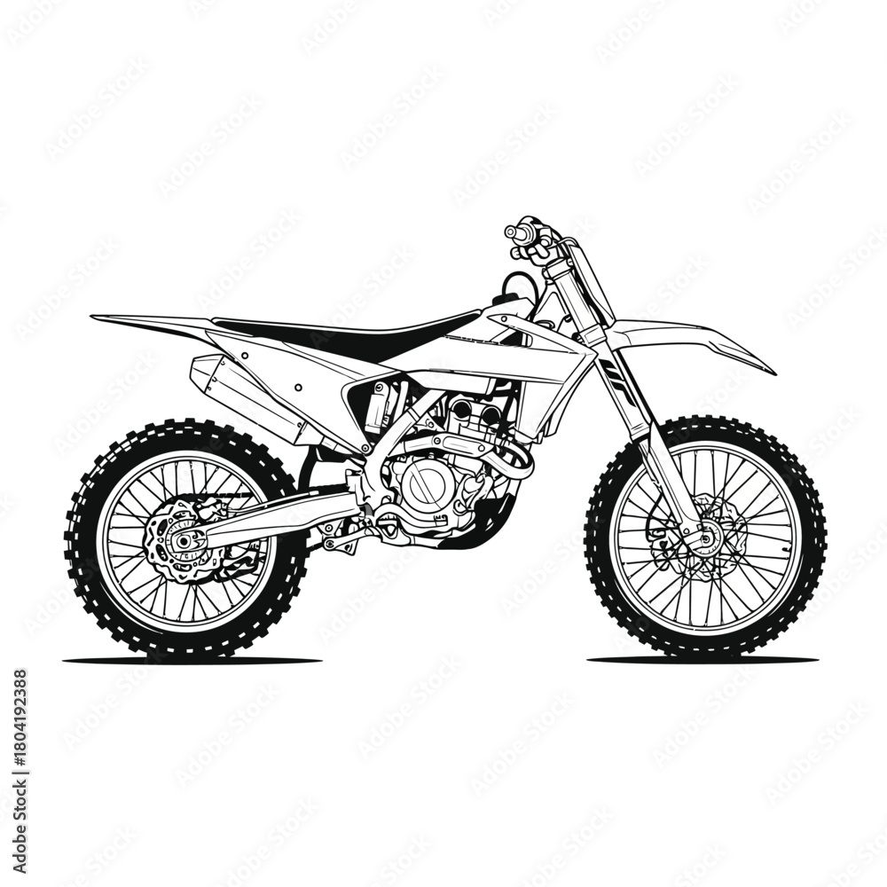 Obraz premium Detailed black and white line art illustration of a modern dirt bike