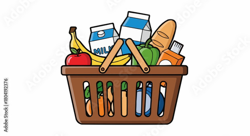 A brown shopping basket with fresh groceries, including fruits, vegetables, and dairy products isolated on