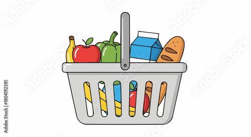 A gray shopping basket with fresh groceries, including fruits, vegetables, and dairy products isolated on