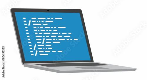 A laptop with code on the screen isolated on the laptop is silver and the code is blue and white
