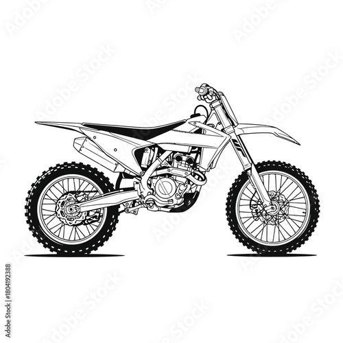 Detailed black and white line art illustration of a modern dirt bike