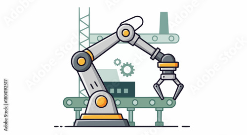 A robotic arm on a conveyor belt in a factory, representing automation and industrial production, isolated on