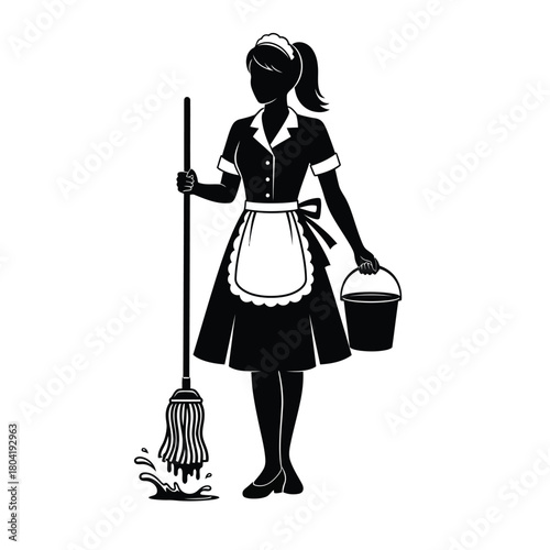 Vector illustration of silhouette of a maid holding a mop and bucket, isolated on