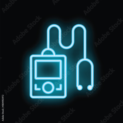 Bright blue neon icon of a holter monitor and stethoscope, representing cardiac monitoring and healthcare technology