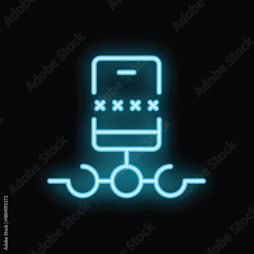 Neon icon of a mobile phone with password protected screen connected to a network