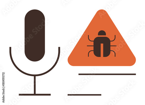 Microphone beside an exclamation triangle with a bug icon, signifying audio vulnerabilities and malware threats. Ideal for cybersecurity, malware, hacking, encryption, data protection, software bugs