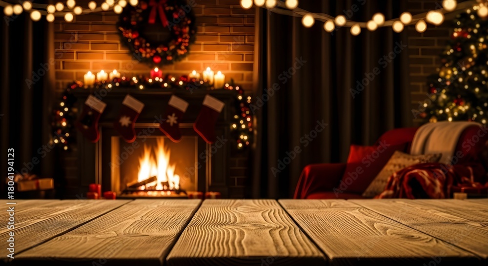 Obraz premium Cozy christmas fireplace with warm glowing lights and empty wooden table