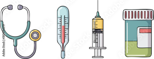 Colorful flat lay of medical icons including a stethoscope, thermometer, syringe, and pill bottle on a clean white background with a clinical feel.