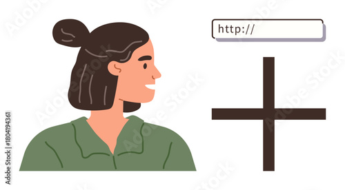 Woman smiling toward a web browser URL bar and cross symbol, representing internet connections, digital identity, and navigation. Ideal for technology, networking, search, online learning