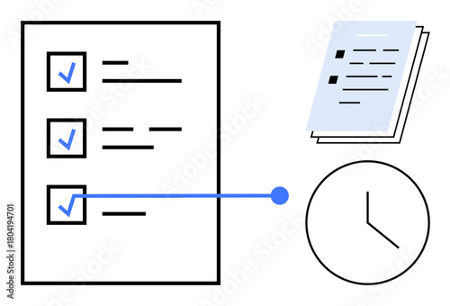 Checklist with blue checkmarks, clock, and stacked documents representing task tracking and organization. Ideal for productivity, planning, workflow, deadlines, efficiency, teamwork simple flat