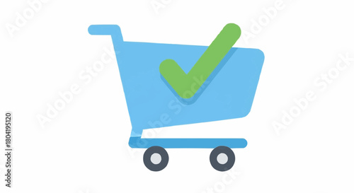 A blue shopping cart with a green check mark isolated on the cart has two wheels and a handle