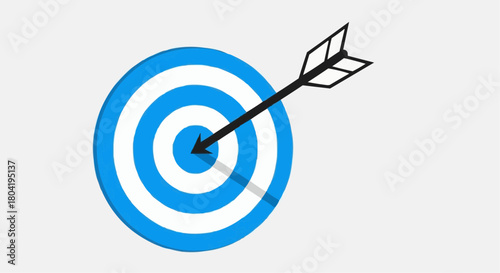 An arrow hits the center of a blue target, symbolizing success and achievement isolated on the concept of hitting the mark with precision