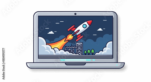 Laptop screen showing a rocket launching from a platform, symbolizing startup success and technological advancement isolated on
