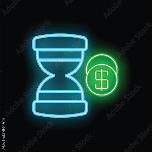 Glowing neon icon of an hourglass with sand flowing, representing the concept of time being a valuable resource