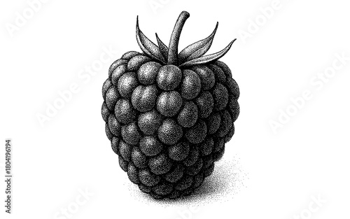 Intricate dotwork raspberry design in black and white stippling style