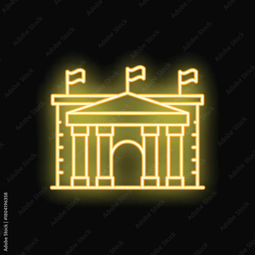Obraz premium Yellow glowing neon sign representing a parliament building with flags, on a black background
