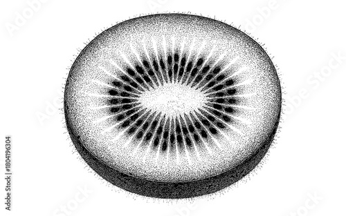 Detailed kiwi slice in pointillism style with textured patterns and intricate details
