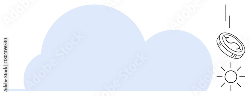 Blue cloud with a coin dropping towards a shining sun. Ideal for finance, investment, cloud computing, innovation, digital economy, savings, future planning. Simple flat metaphor