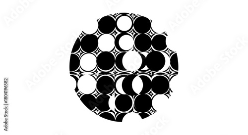 Abstract black and white geometric pattern featuring circles and star shapes creating a visually