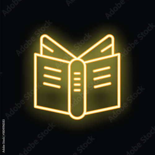 Bright yellow neon open book spreading knowledge icon glowing on a black wall at night