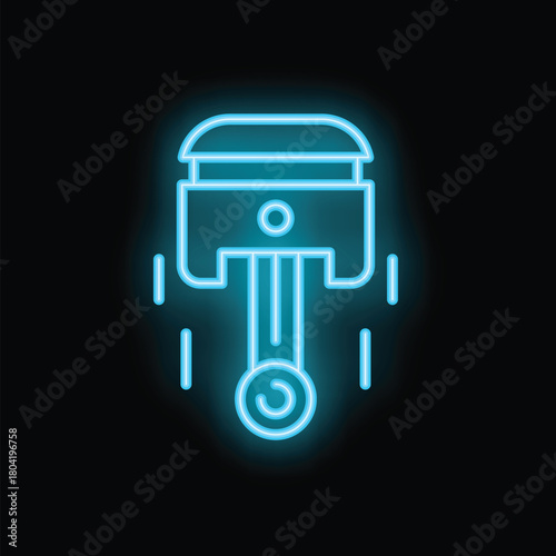 Blue neon icon of a single moving engine piston with speed lines on a black background