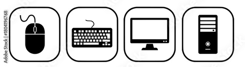 Vecter icons for computer hardware components graphic: mouse, keyboard, monitor, and pc case graphic design element