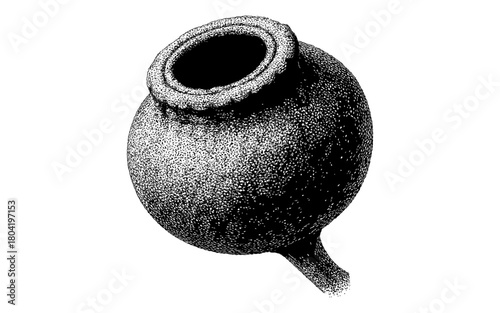 Detailed dot art of ancient amphora with textured patterns on white background