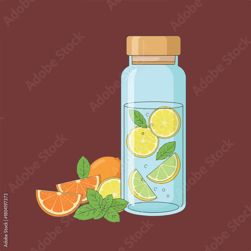 A cartoon illustration showcases a refreshing detox drink with citrus fruits inside a glass bottle, accompanied by orange slices and mint leaves.