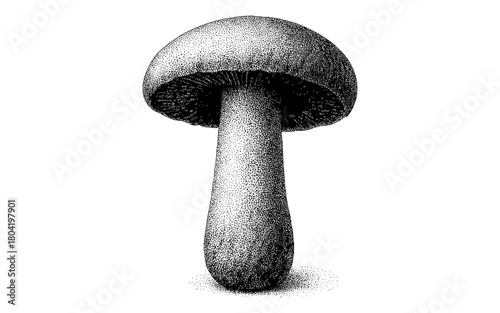 Detailed pointillism mushroom illustration with textured cap on white background