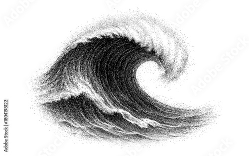 Monochrome stippling wave art capturing the majesty of the ocean