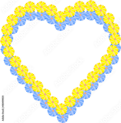 メッセージカードや装飾に最適！花で作られた綺麗な二重のハートイラスト_イエロー＆ブルー