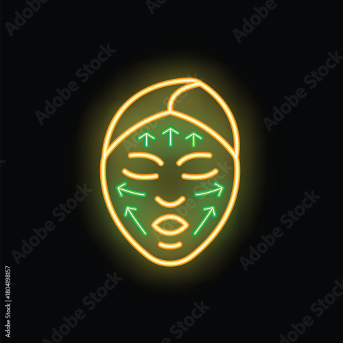 Neon sign representing a woman with a towel or headband on her head, receiving a facial massage for skin care