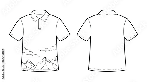 Front and back view of a white polo shirt with a mountain landscape design isolated on white background, showcasing a unique and stylish garment