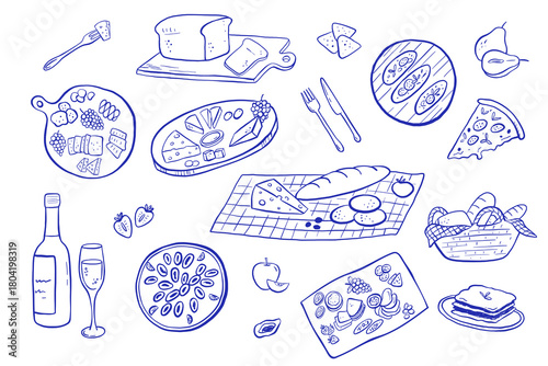Whimsical sketch collection of Italian cuisine elements - bruschetta, oysters, cutlery. Modern line art illustrations with chalk for summer picnic designs or culinary stickers.