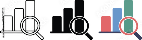 Bar Chart Magnifying Glass Icons In Outline Solid Color , analytics, analysis, bar chart, business, chart, data, diagram,