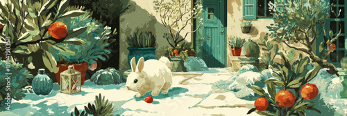 A snowy porch captures a cozy 50s Christmas atmosphere. A white rabbit sits among festive decorations, with orange pumpkins and greenery adding to the winter charm, banner