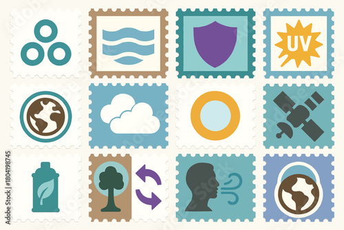 Ozone Layer Protection Stamp Icons Set with UV, Earth, and Climate Symbols