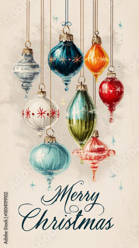 Colorful glass ornaments dangle from green pine branches, showcasing a retro style reminiscent of the 50s and 60s Christmas celebrations. The vibrant colors evoke warm seasonal feelings
