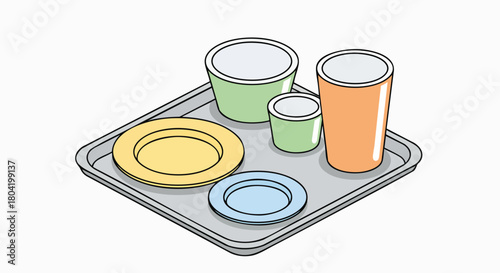 Colorful flat design vector illustration of a cafeteria lunch tray plates bowls cups meal service institutional dining kitchen isolated graphic