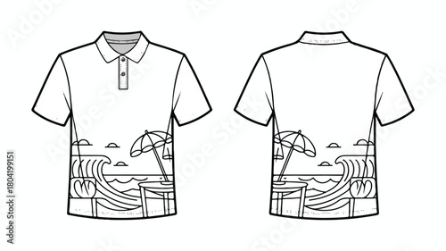 Front and back view of a polo shirt with a beach design isolated on white background, featuring waves, an umbrella, and a serene coastal scene