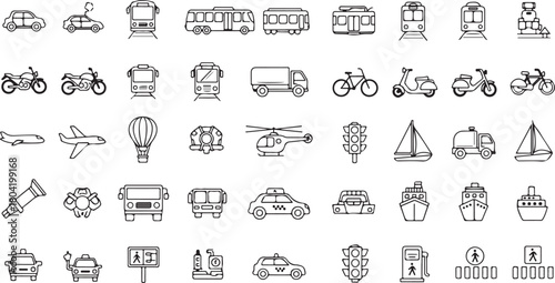 Collection of Transportation Vehicles and Objects Line Art Icons Set