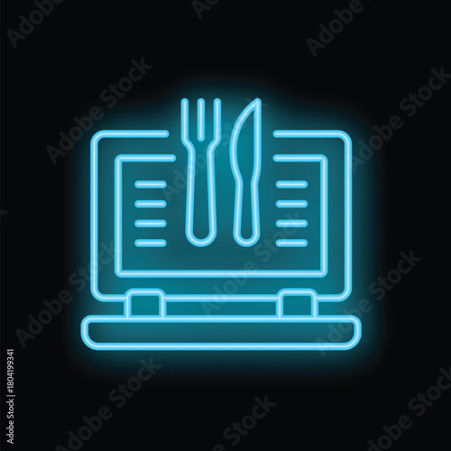 Blue neon sign symbolizing online food ordering with a laptop, fork, and knife