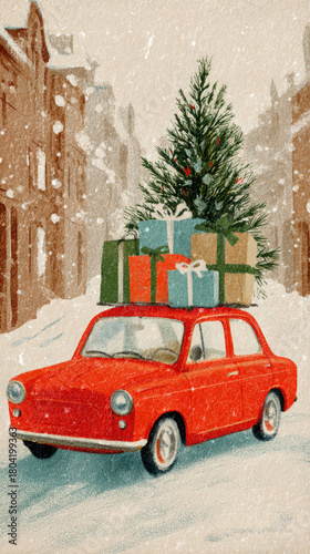 A classic red car decorated with colorful gifts and a green Christmas tree drives through a snowy landscape. The scene reflects the festive spirit of the 50s and 60s holiday season