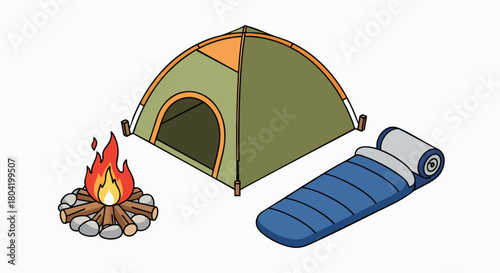 Isometric camping scene with tent campfire sleeping bag adventure outdoor vector illustration flat design nature travel exploration journey leisure activity