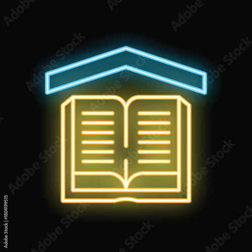 Neon sign of an open book with a house roof over it symbolizing home schooling or online education