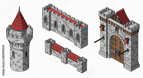 Isometric medieval castle building elements gate wall tower set vector illustration flat design game asset architecture fantasy fortress stronghold