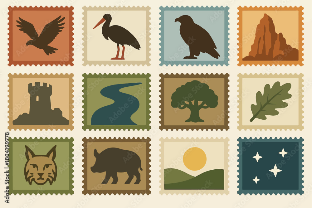 Naklejka premium Yellowstone National Park Stamp Collection with Wildlife and Nature