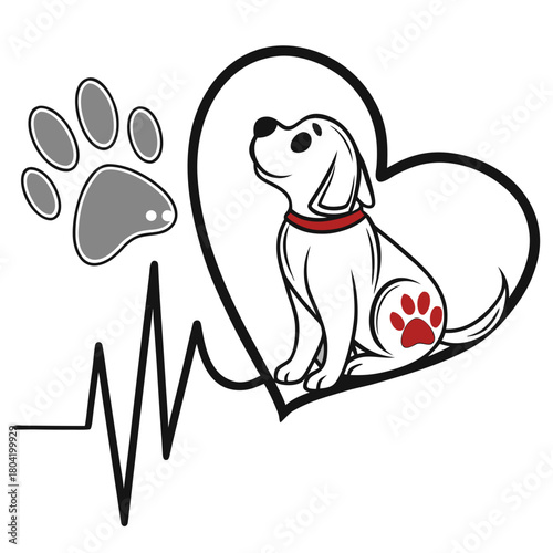 Illustration of a dog in a heart shape with a paw print and heartbeat line design element vector