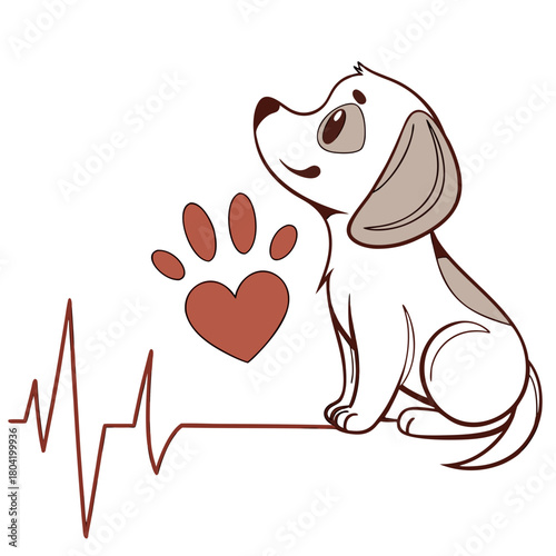 Cartoon dog with heart paw print and heartbeat line illustration on a white isolated background design